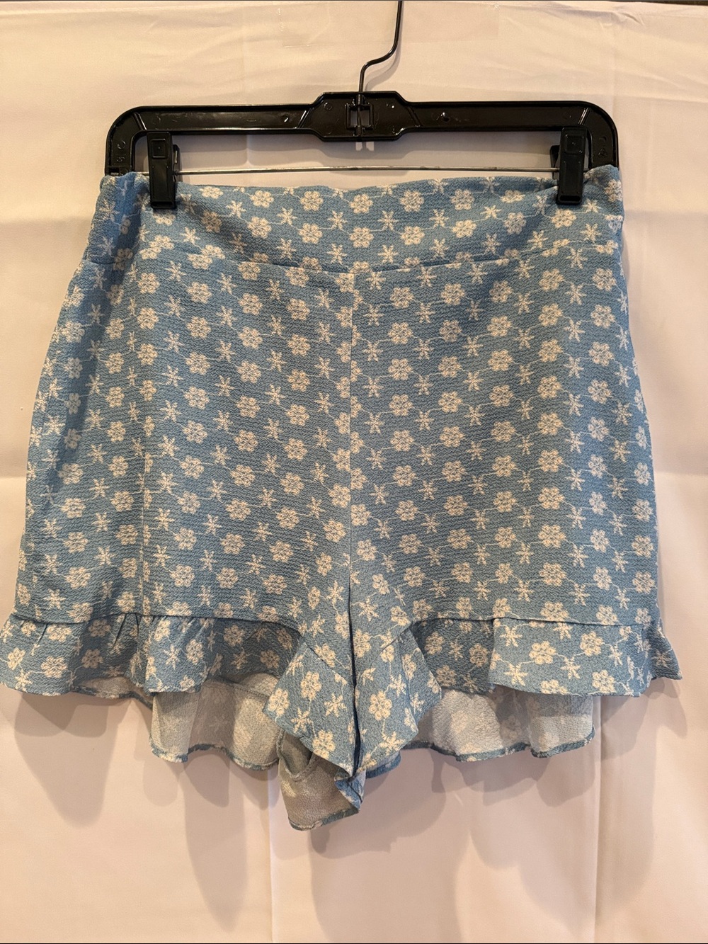 BCBGeneration Light Blue Floral High-Waist Ruffle Shorts